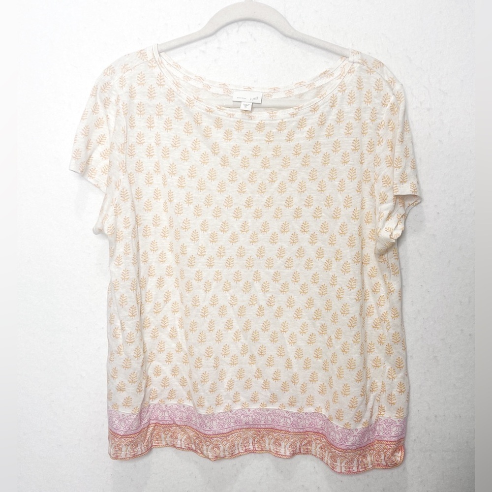 J. Jill Love Linen Cream Pink Indian Block Print Bohemian Pattern Top 100% Linen